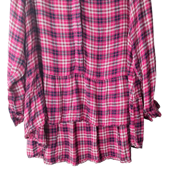 Lane Bryant Plaid Flannel Sz 18 Roll Tab Sleeves High Low Ruffle Hem Popover Top - Picture 7 of 16